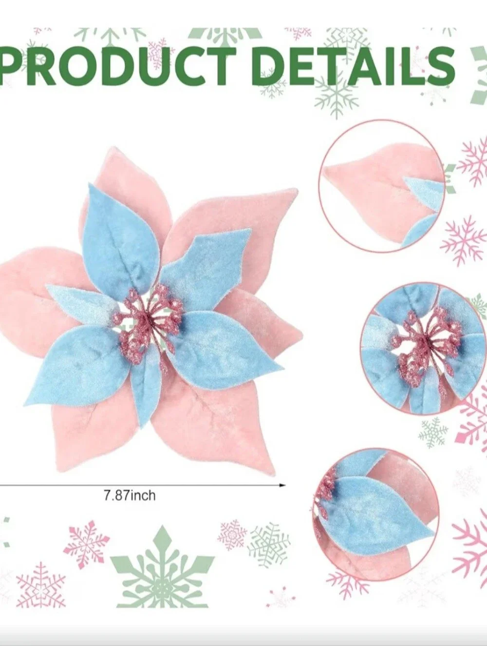 Holiday Velvet Poinsettia Tree Clip - Pink & Blue. 6 Piece Set. NEW.